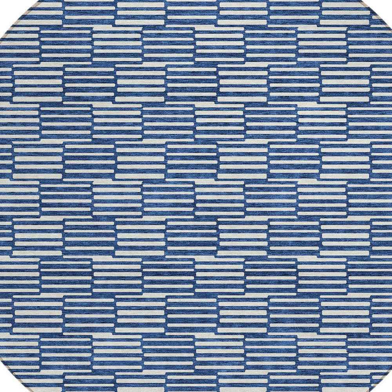 8' Navy Blue And Ivory Round Geometric Washable Indoor Outdoor Area Rug