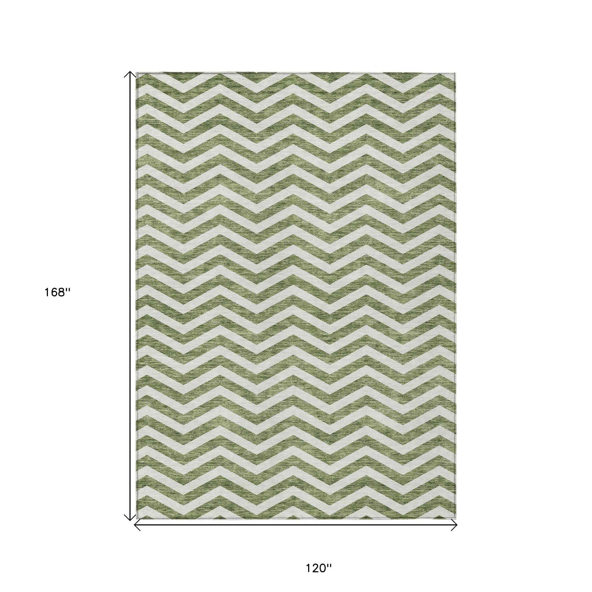 10' X 14' Green And Ivory Chevron Washable Indoor Outdoor Area Rug