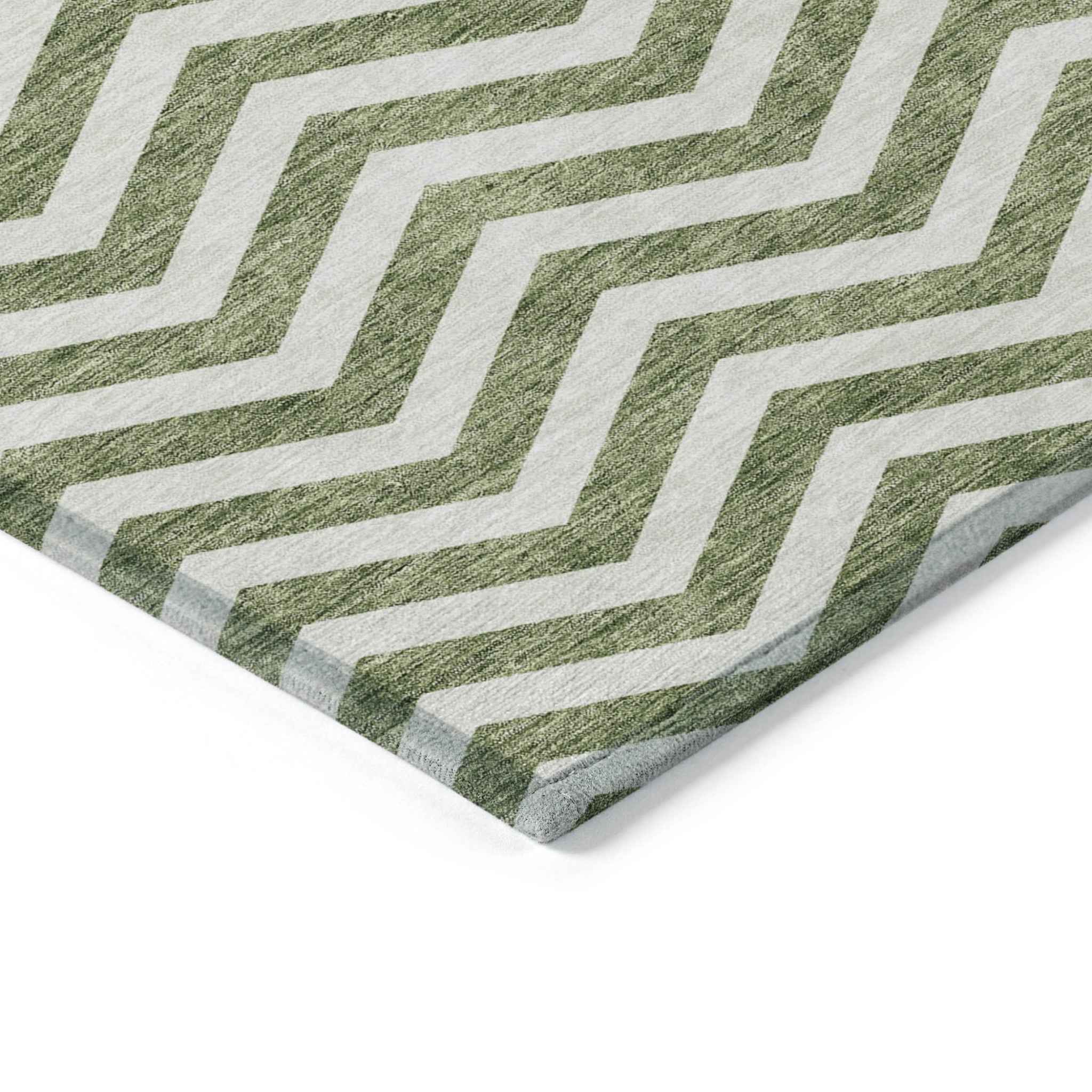 10' X 14' Green And Ivory Chevron Washable Indoor Outdoor Area Rug