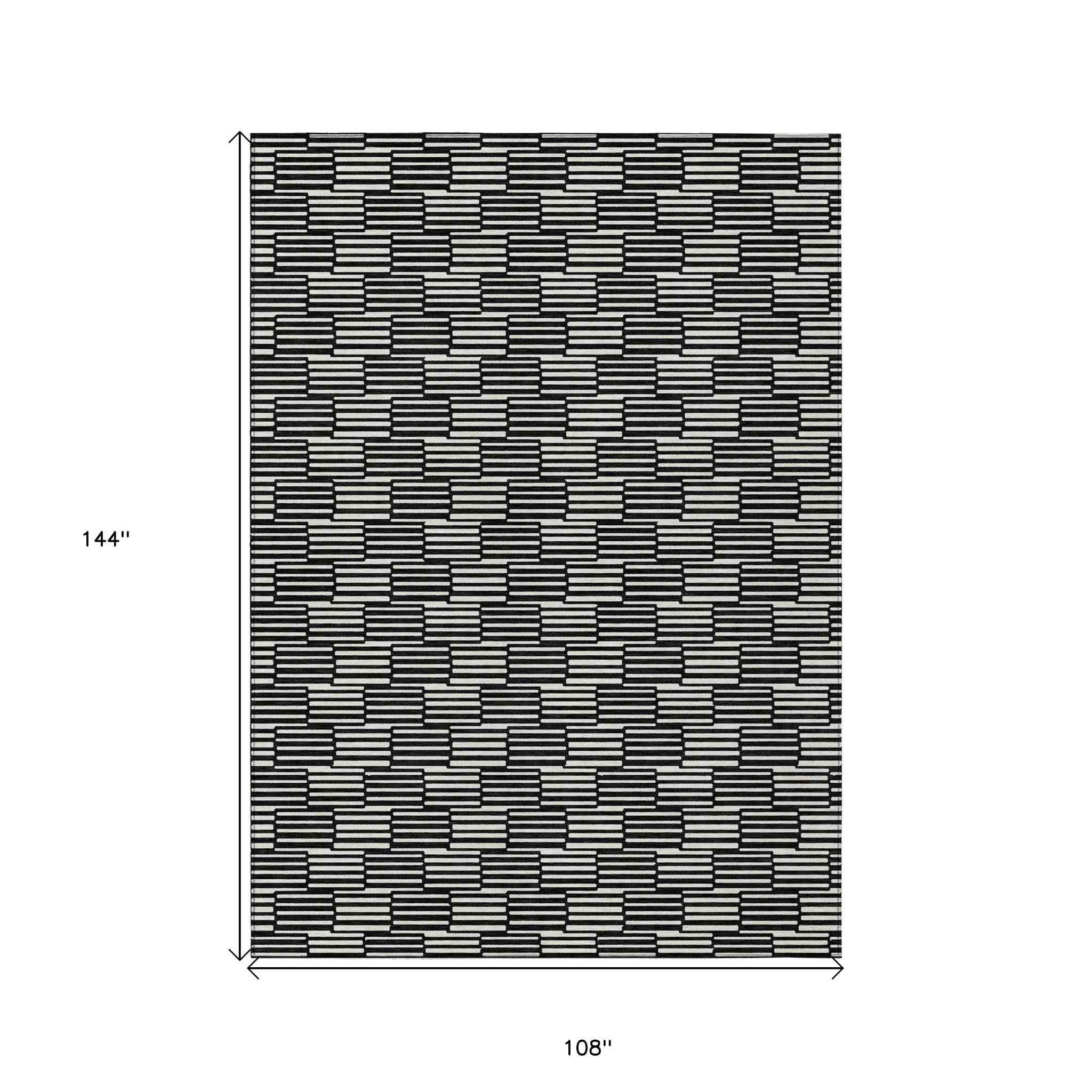 9' X 12' Black And Ivory Geometric Washable Indoor Outdoor Area Rug