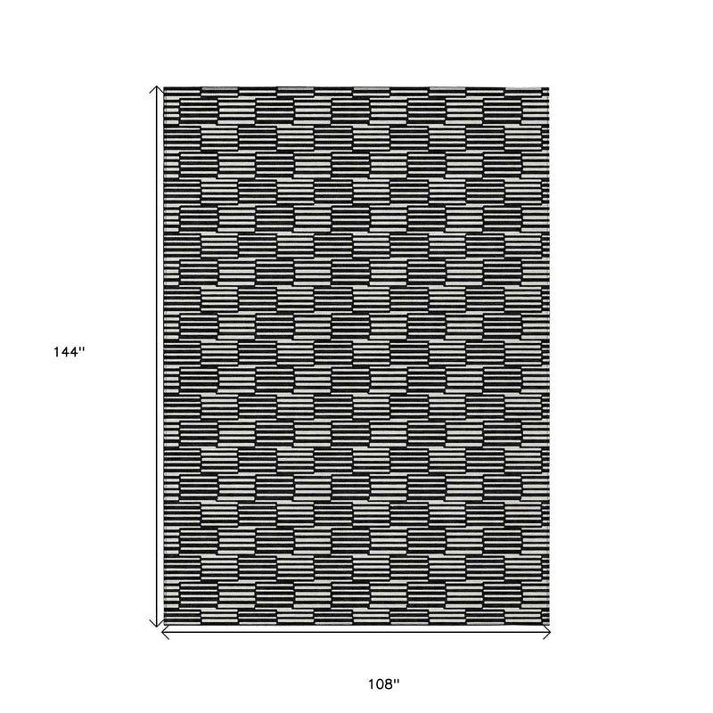 9' X 12' Black And Ivory Geometric Washable Indoor Outdoor Area Rug