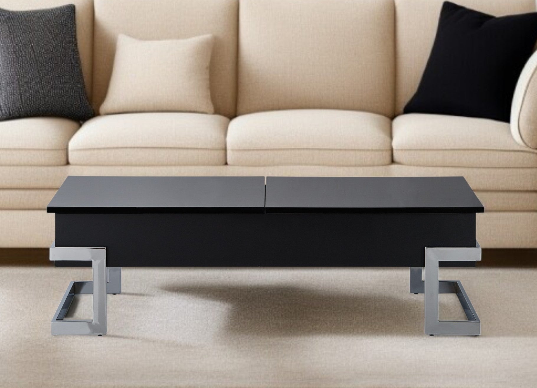 47" Black and Silver Wood And Iron Lift Top Sled Coffee Table - Living Room