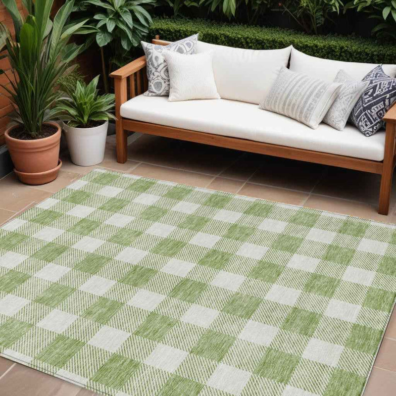 9' X 12' Artichoke Green And Gray Plaid Washable Indoor Outdoor Area Rug