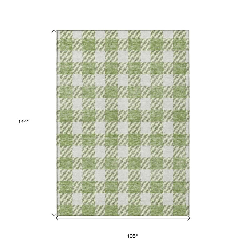 9' X 12' Artichoke Green And Gray Plaid Washable Indoor Outdoor Area Rug