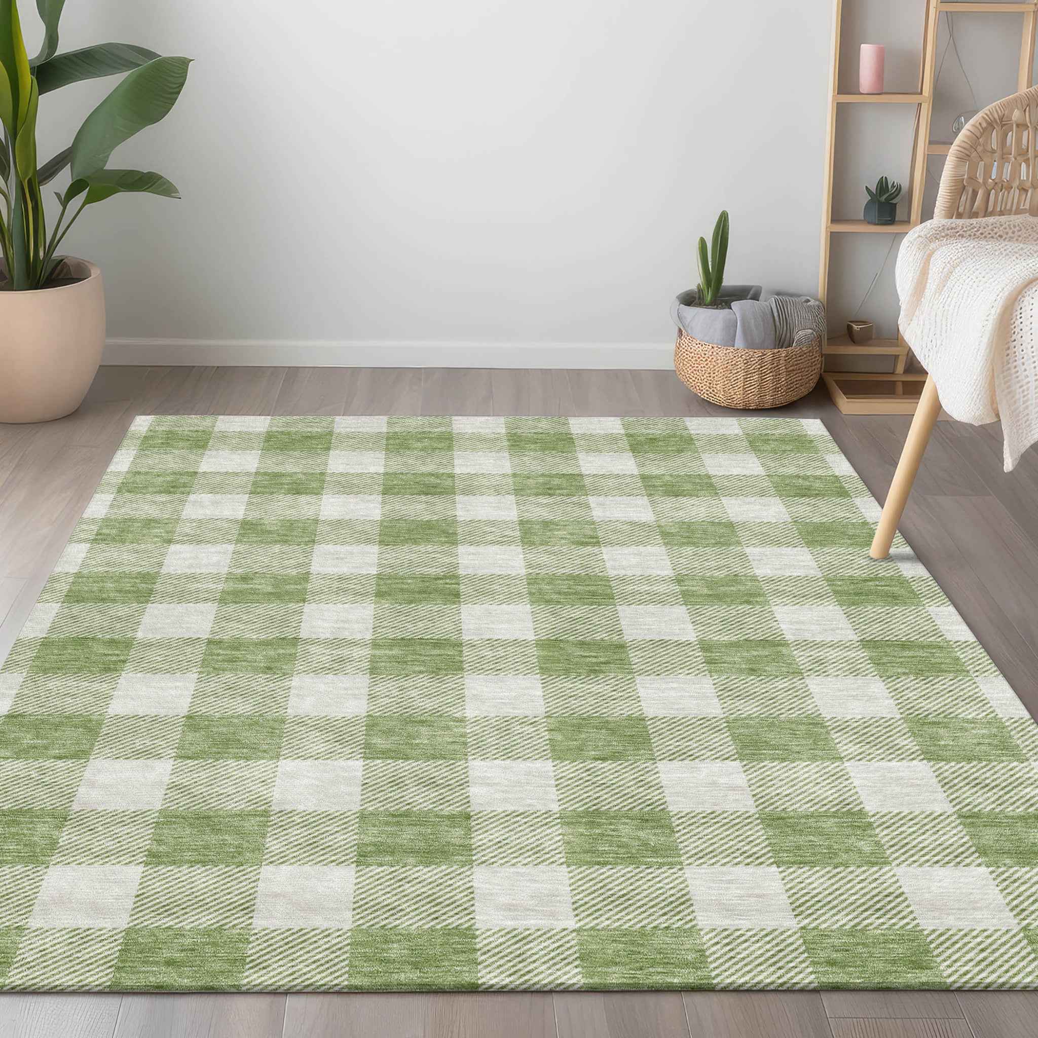 9' X 12' Artichoke Green And Gray Plaid Washable Indoor Outdoor Area Rug