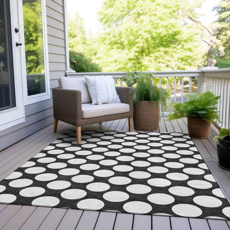5' X 8' Black And Ivory Polka Dot Washable Indoor Outdoor Area Rug
