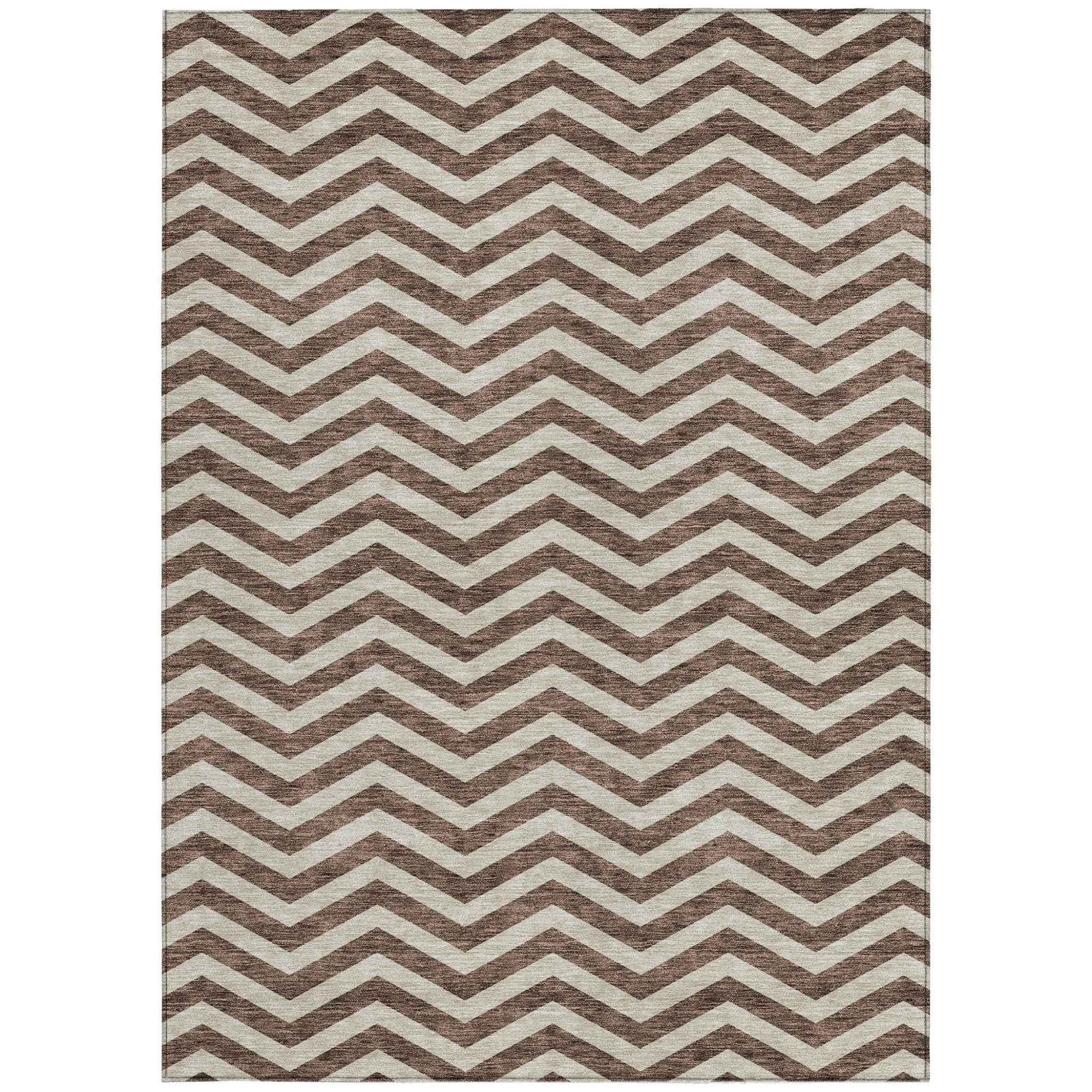 9' X 12' Brown And Beige Chevron Washable Indoor Outdoor Area Rug