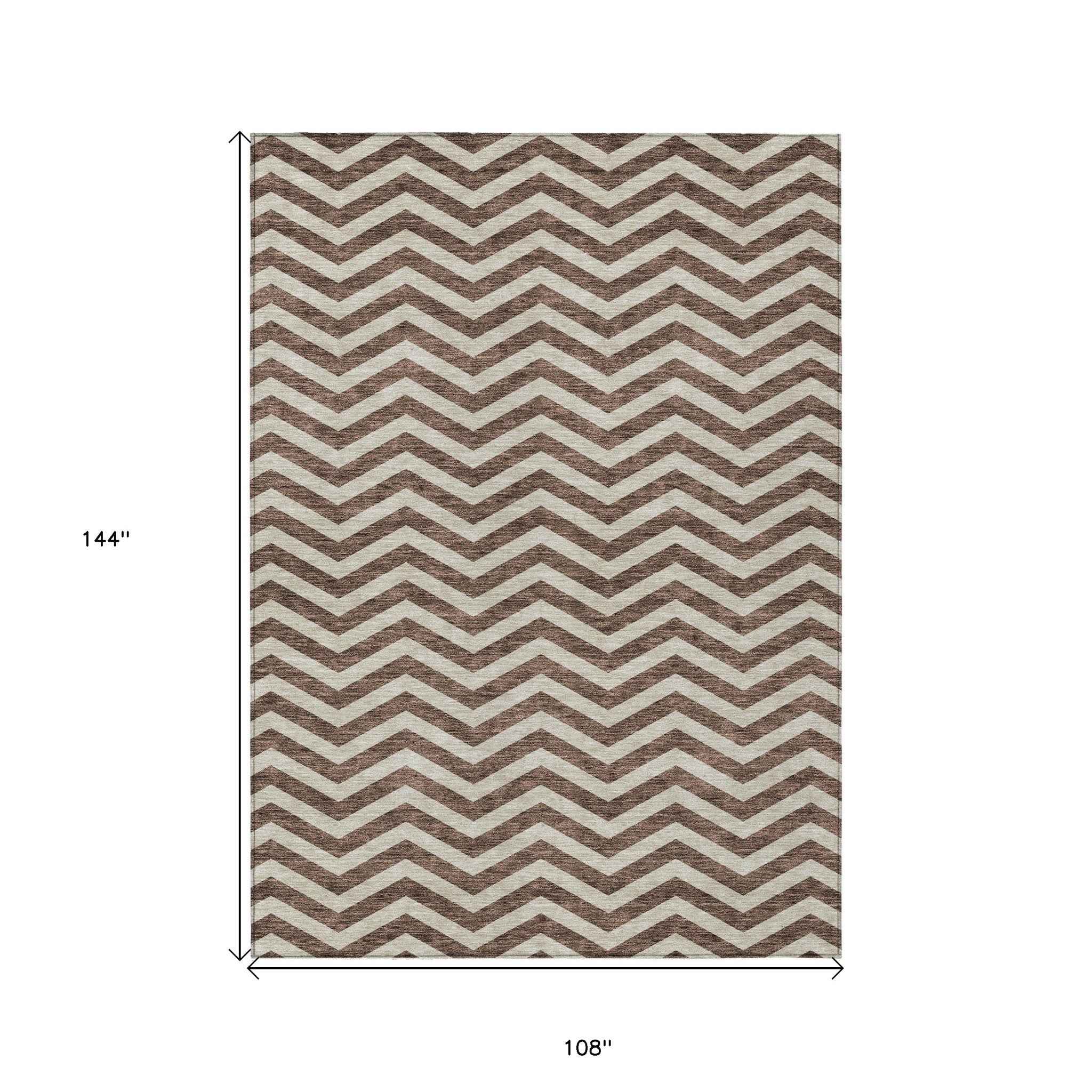 9' X 12' Brown And Beige Chevron Washable Indoor Outdoor Area Rug