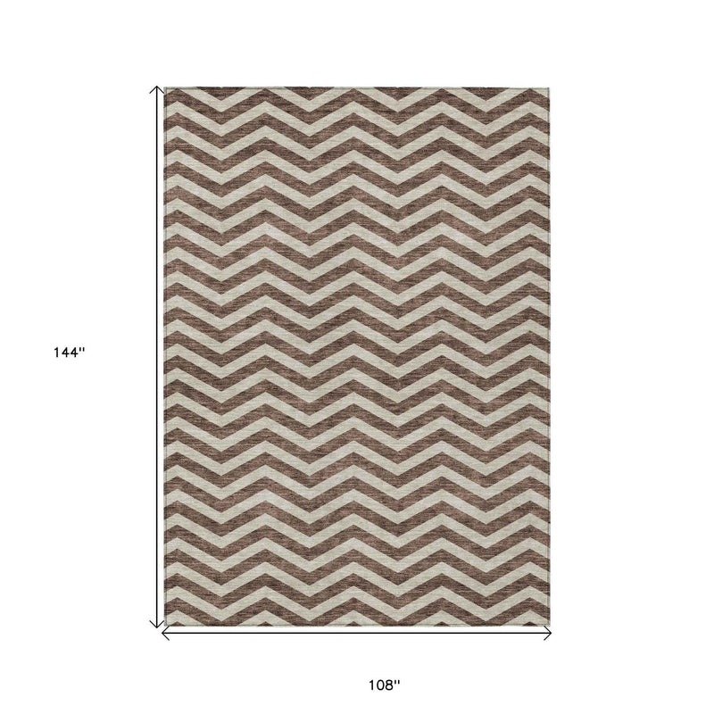 9' X 12' Brown And Beige Chevron Washable Indoor Outdoor Area Rug