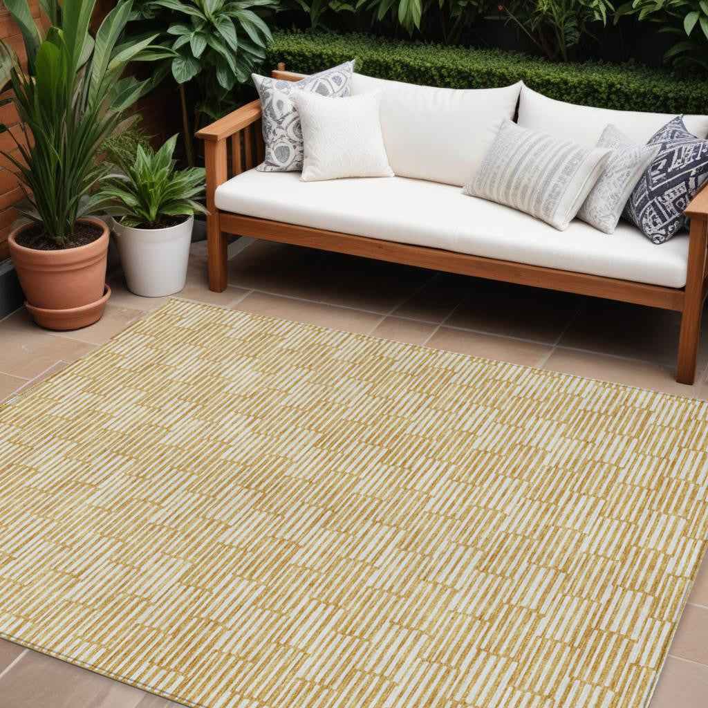 10' X 14' Gold And Beige Geometric Washable Indoor Outdoor Area Rug