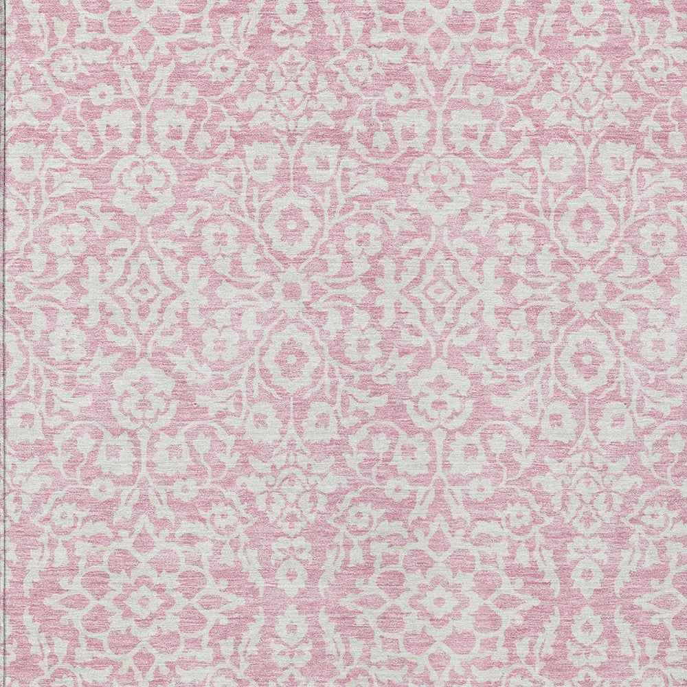 5' X 8' Pink And Ivory Damask Washable Indoor Outdoor Area Rug