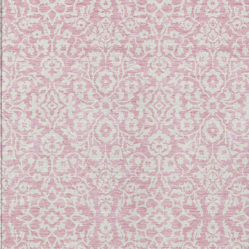 5' X 8' Pink And Ivory Damask Washable Indoor Outdoor Area Rug