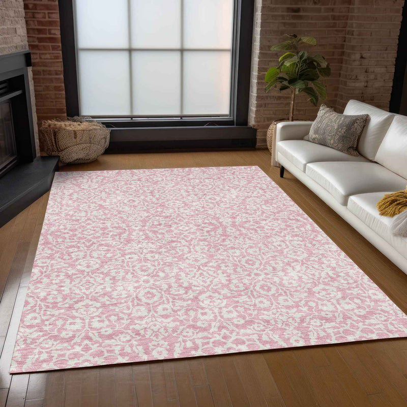 5' X 8' Pink And Ivory Damask Washable Indoor Outdoor Area Rug