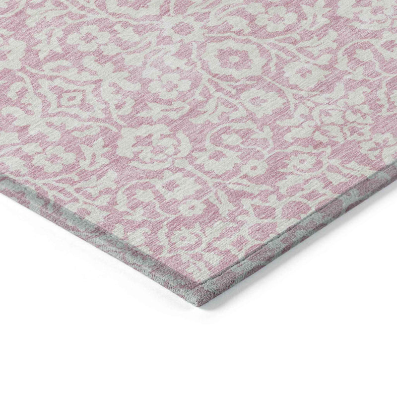 5' X 8' Pink And Ivory Damask Washable Indoor Outdoor Area Rug