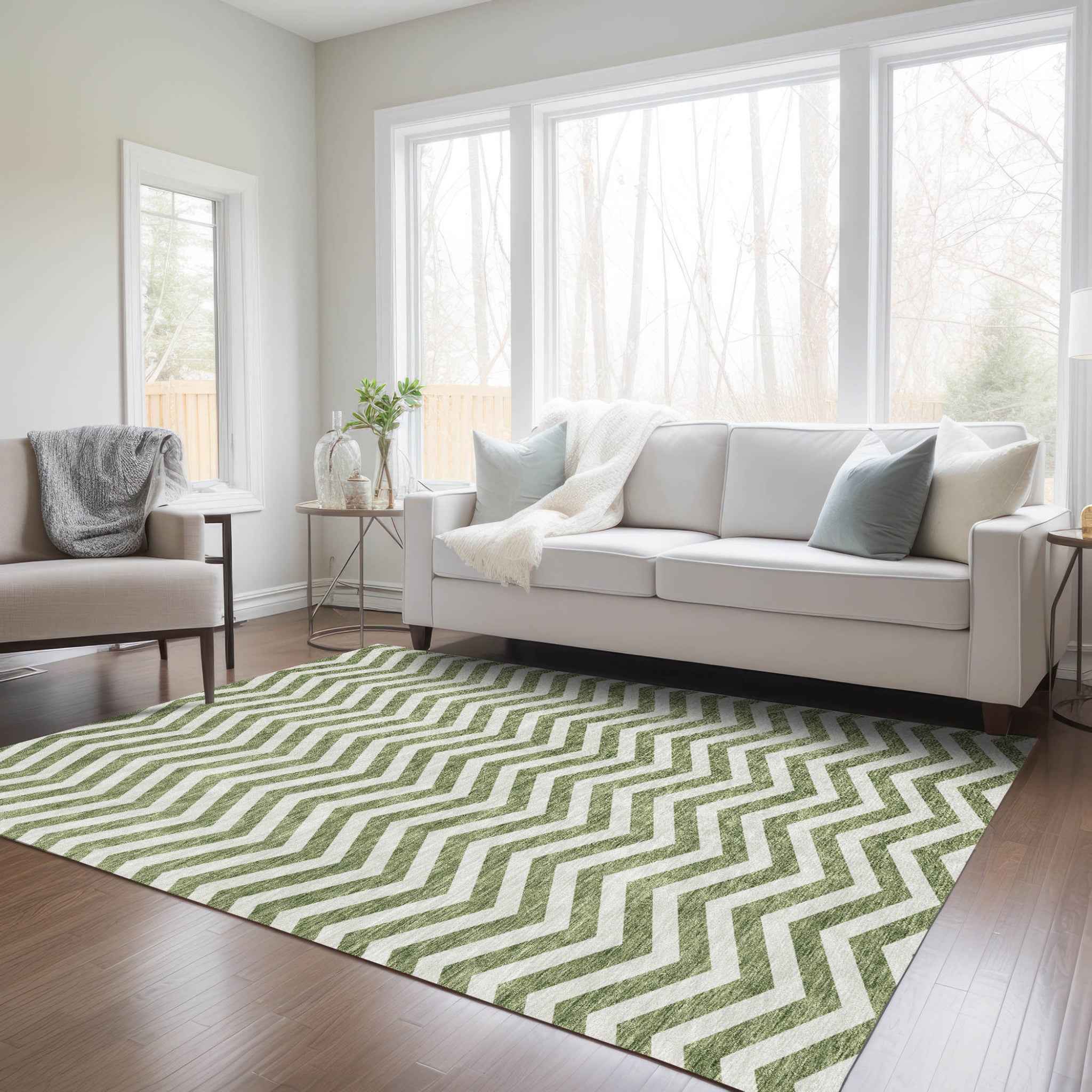 5' X 8' Green And Ivory Chevron Washable Indoor Outdoor Area Rug