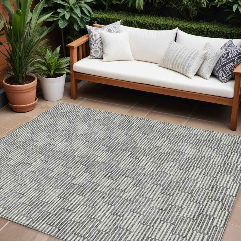 10' X 14' Gray And Ivory Geometric Washable Indoor Outdoor Area Rug