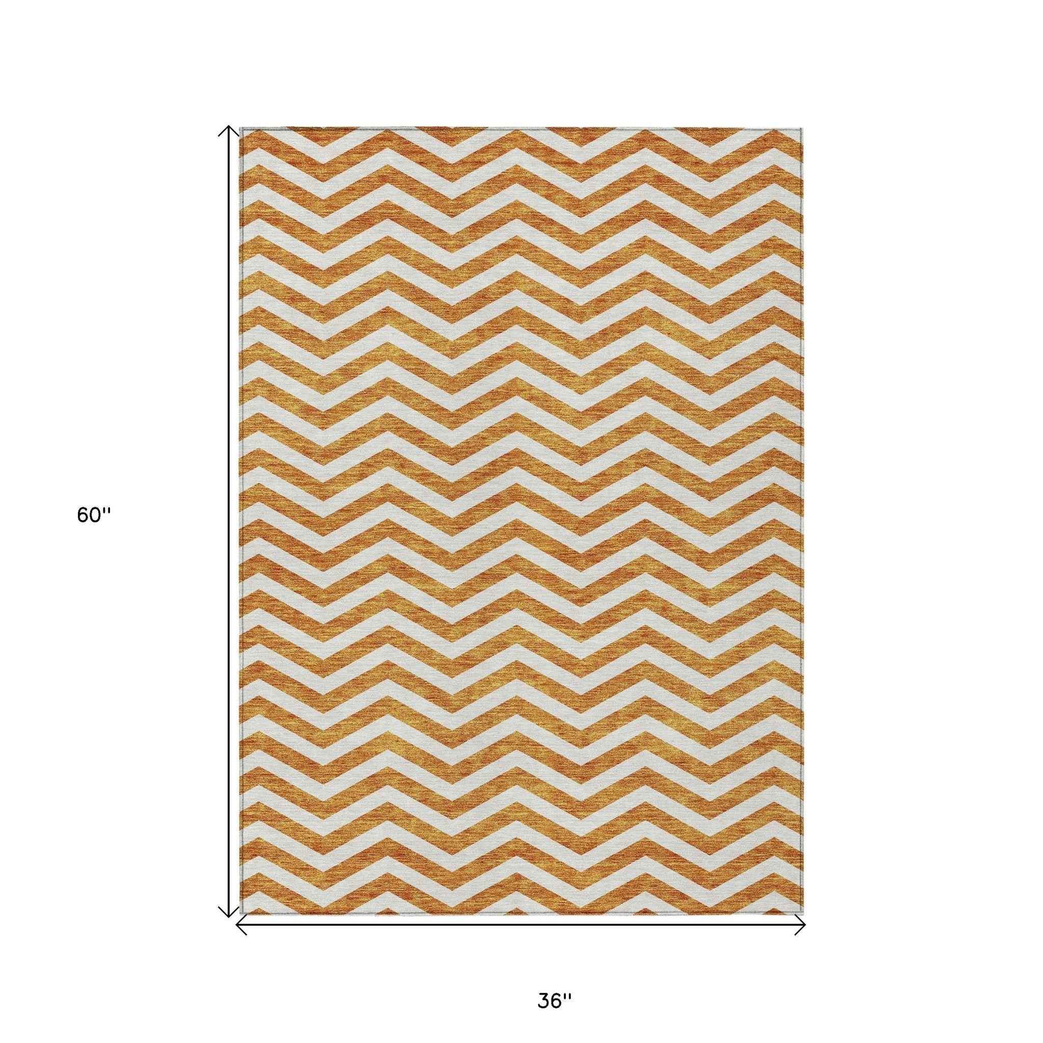 3' X 5' Orange And Beige Chevron Washable Indoor Outdoor Area Rug