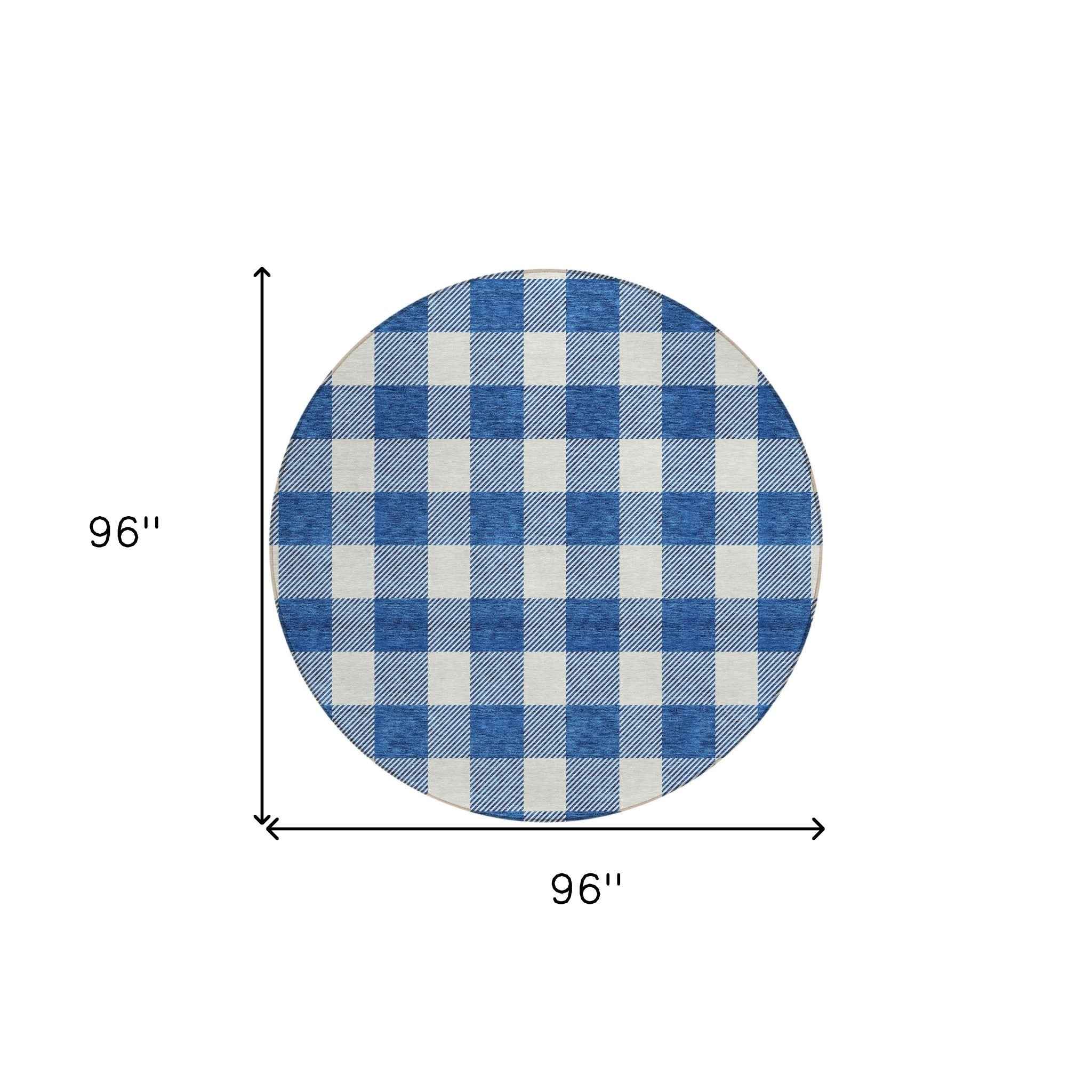 8' Navy Blue And Gray Round Plaid Washable Indoor Outdoor Area Rug