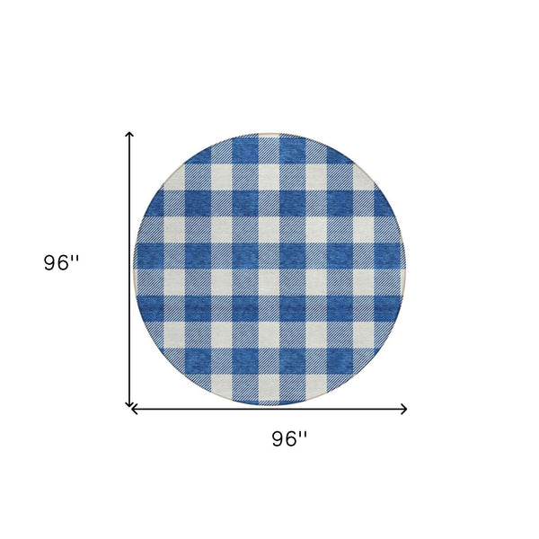 8' Navy Blue And Gray Round Plaid Washable Indoor Outdoor Area Rug