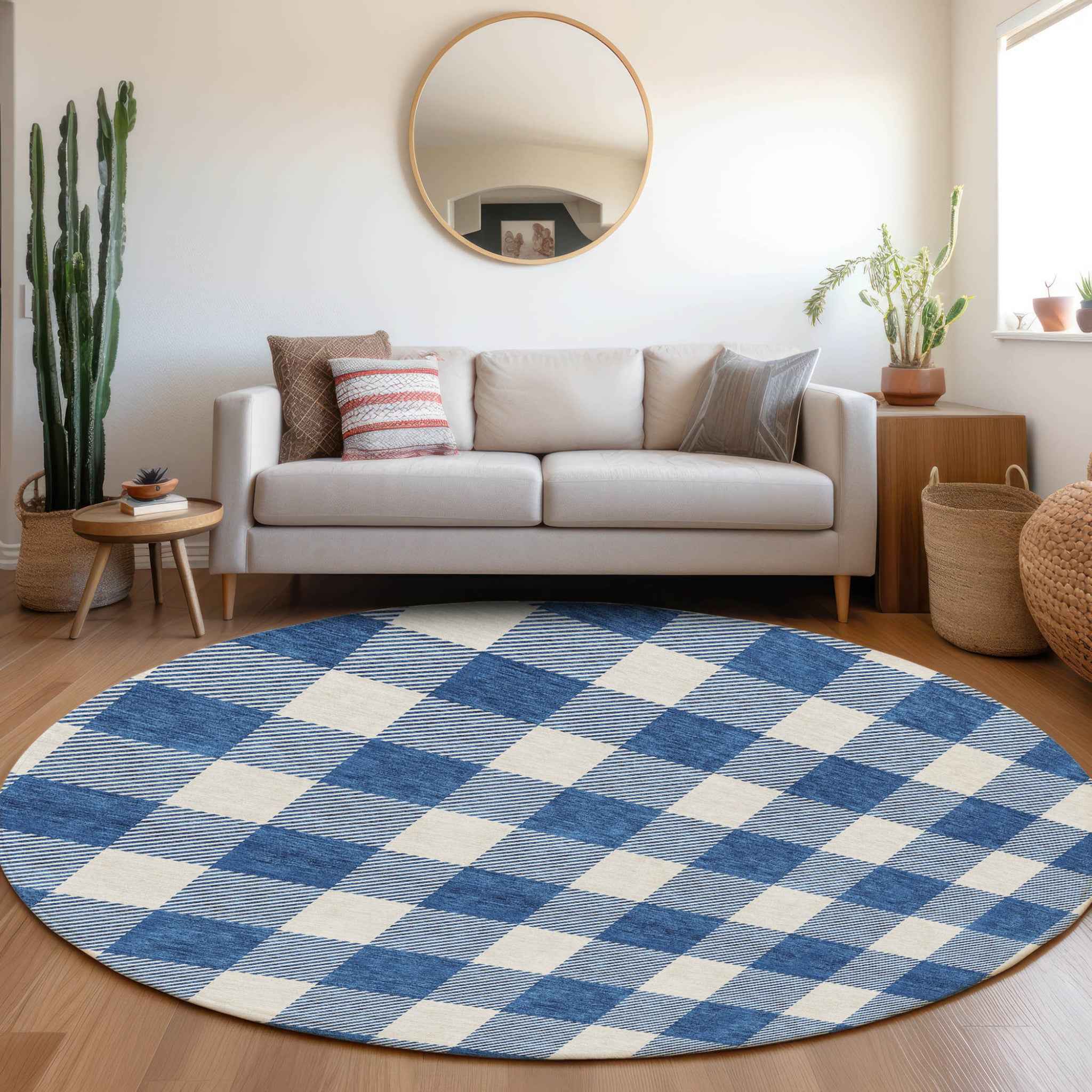 8' Navy Blue And Gray Round Plaid Washable Indoor Outdoor Area Rug