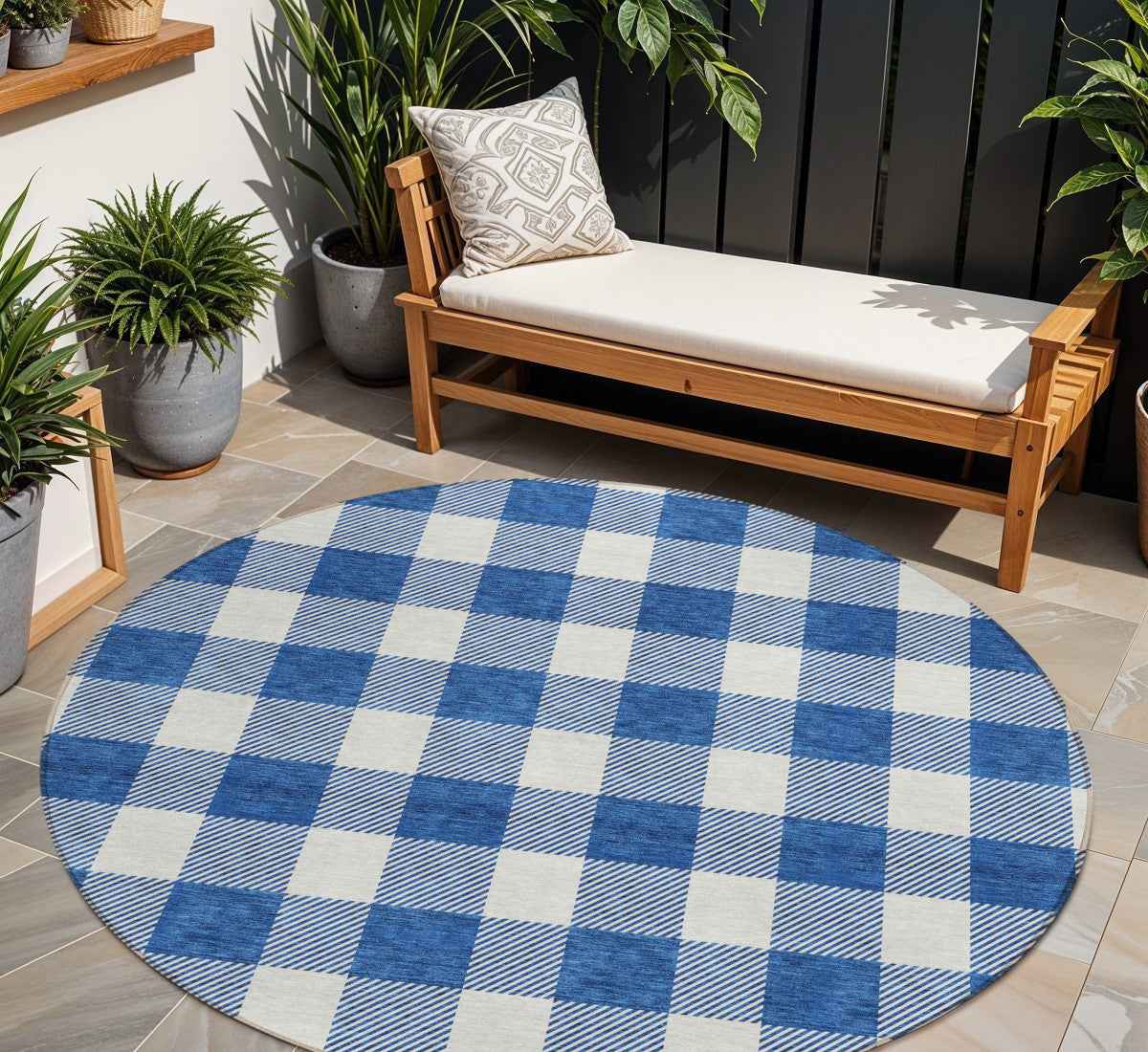 8' Navy Blue And Gray Round Plaid Washable Indoor Outdoor Area Rug