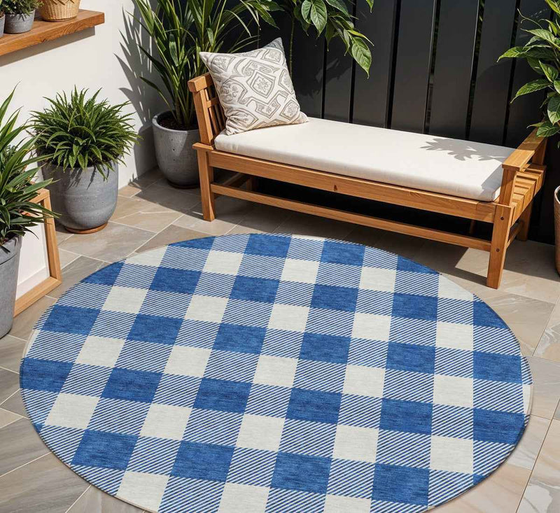 8' Navy Blue And Gray Round Plaid Washable Indoor Outdoor Area Rug