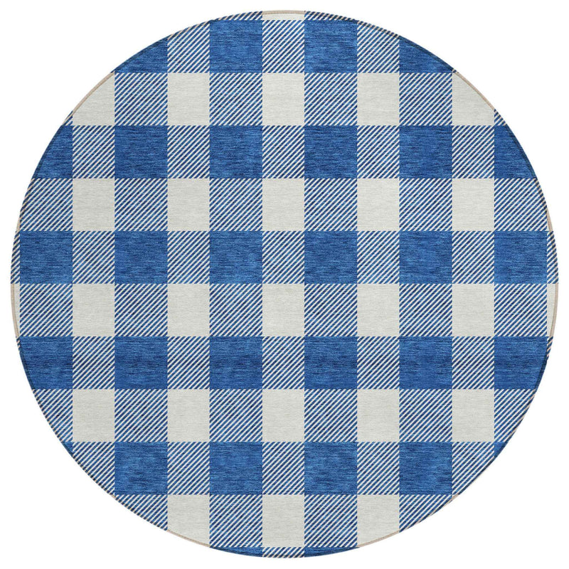 8' Navy Blue And Gray Round Plaid Washable Indoor Outdoor Area Rug