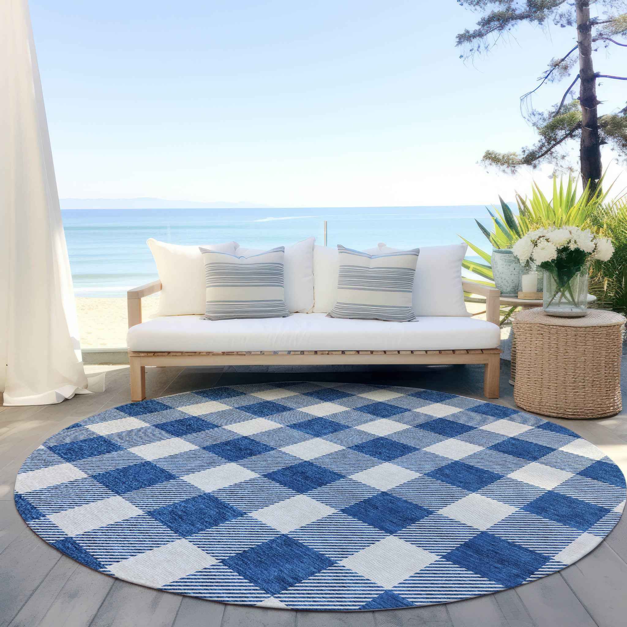 8' Navy Blue And Gray Round Plaid Washable Indoor Outdoor Area Rug