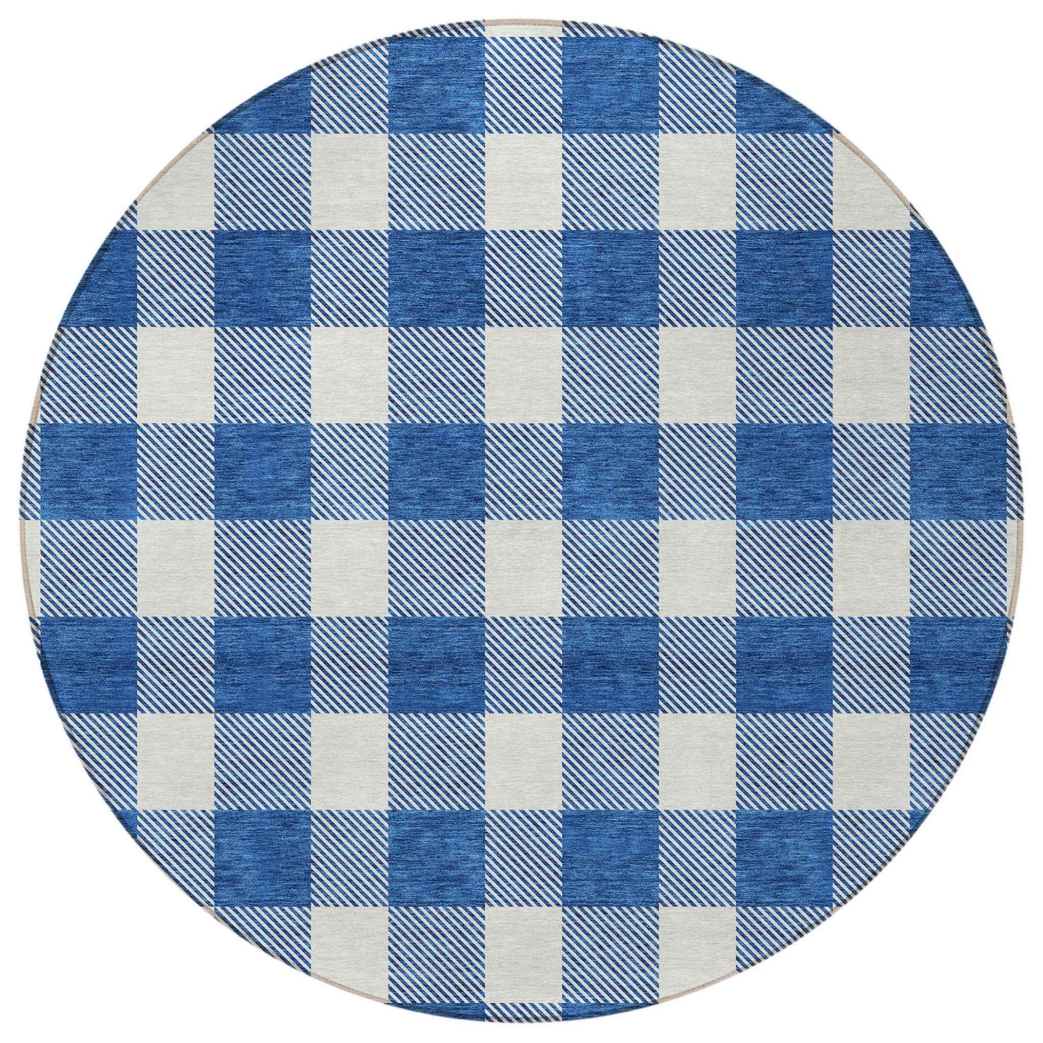 8' Navy Blue And Gray Round Plaid Washable Indoor Outdoor Area Rug