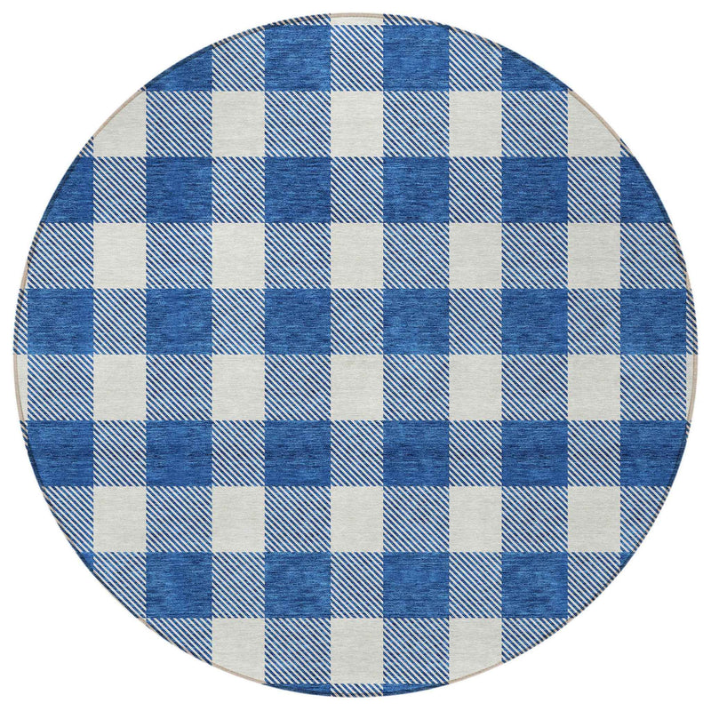 8' Navy Blue And Gray Round Plaid Washable Indoor Outdoor Area Rug