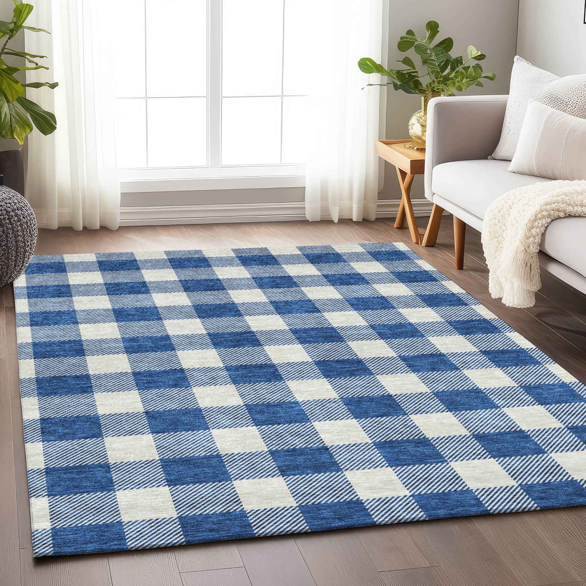 8' X 10' Navy Blue And Gray Plaid Washable Indoor Outdoor Area Rug