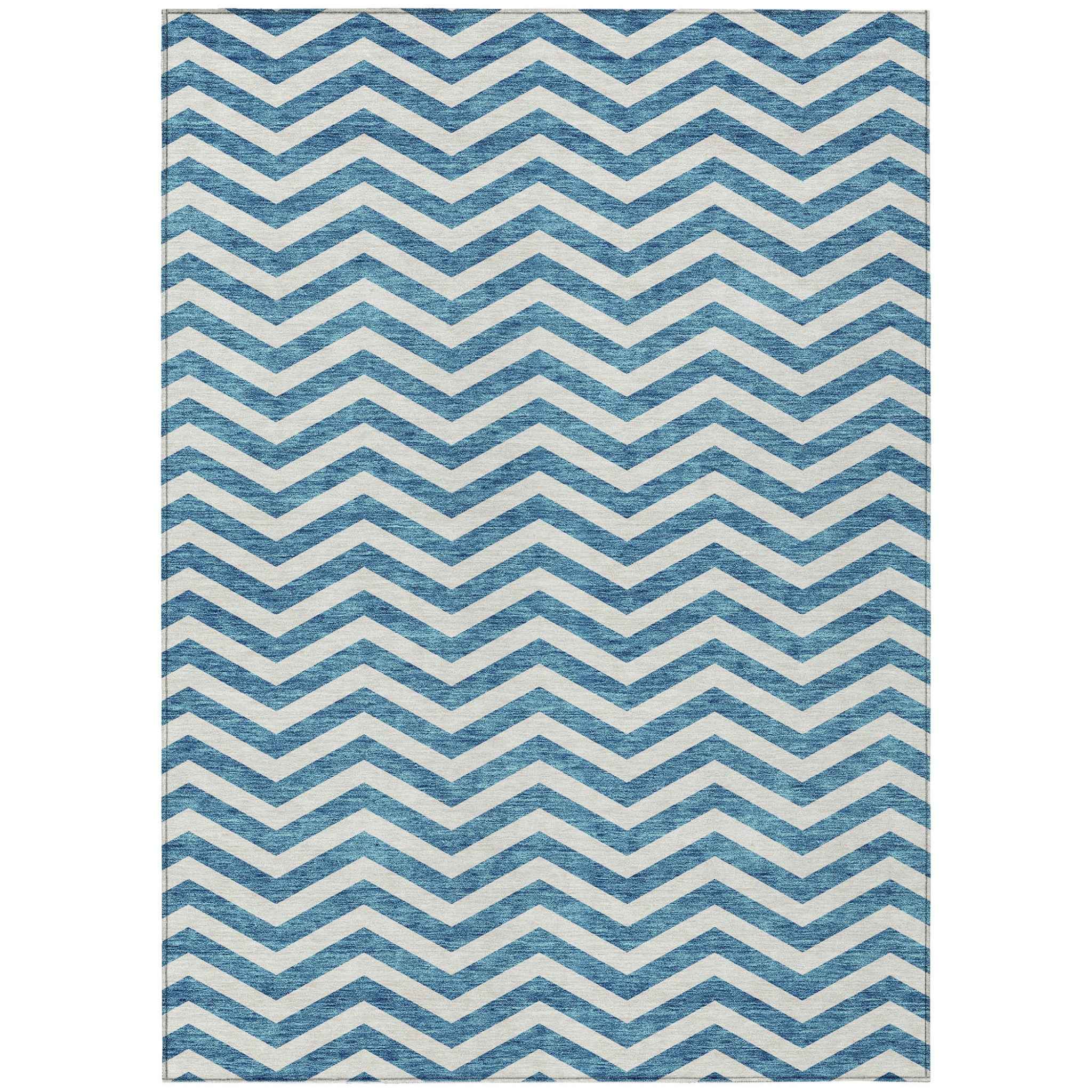 9' X 12' Teal Blue And Ivory Chevron Washable Indoor Outdoor Area Rug