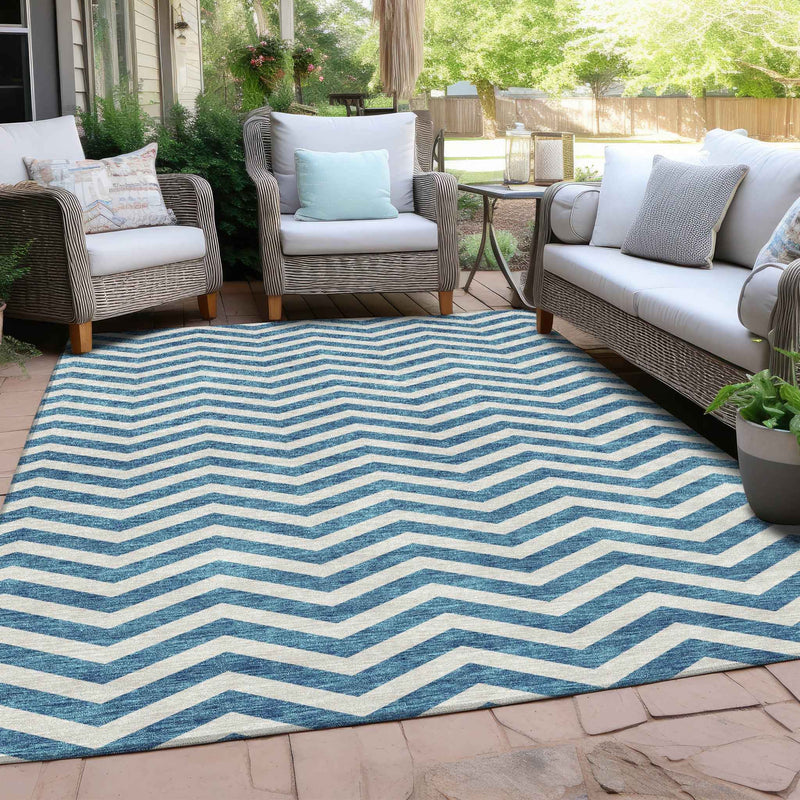 9' X 12' Teal Blue And Ivory Chevron Washable Indoor Outdoor Area Rug
