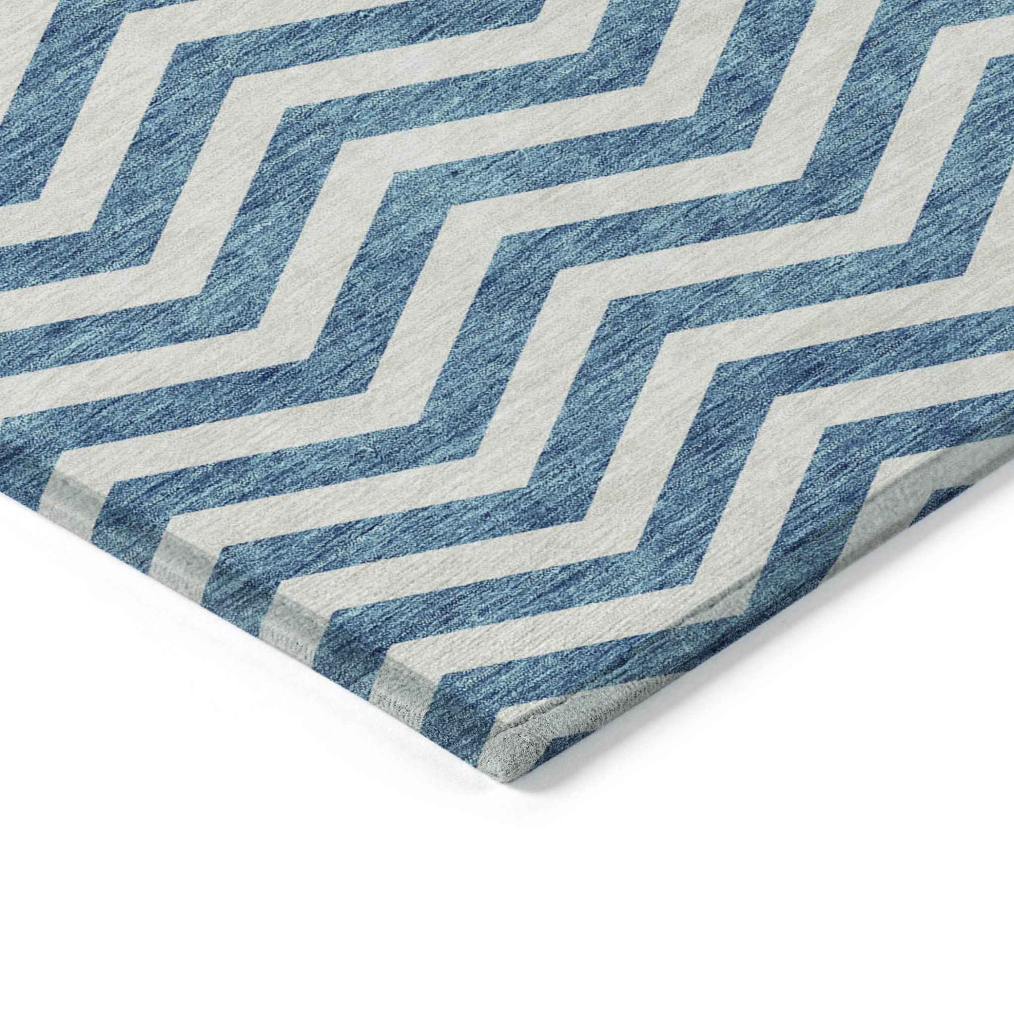 9' X 12' Teal Blue And Ivory Chevron Washable Indoor Outdoor Area Rug