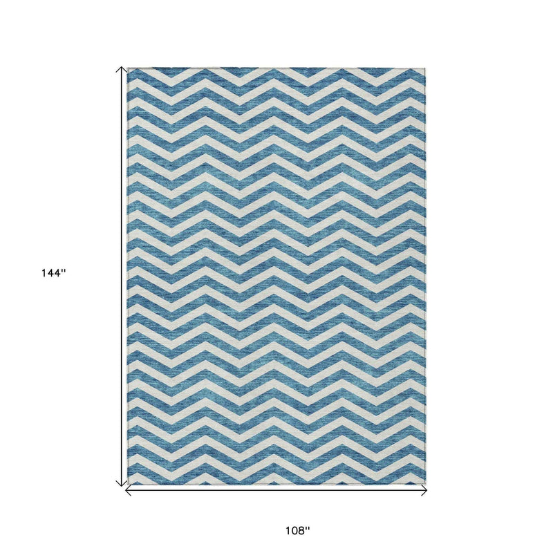 9' X 12' Teal Blue And Ivory Chevron Washable Indoor Outdoor Area Rug
