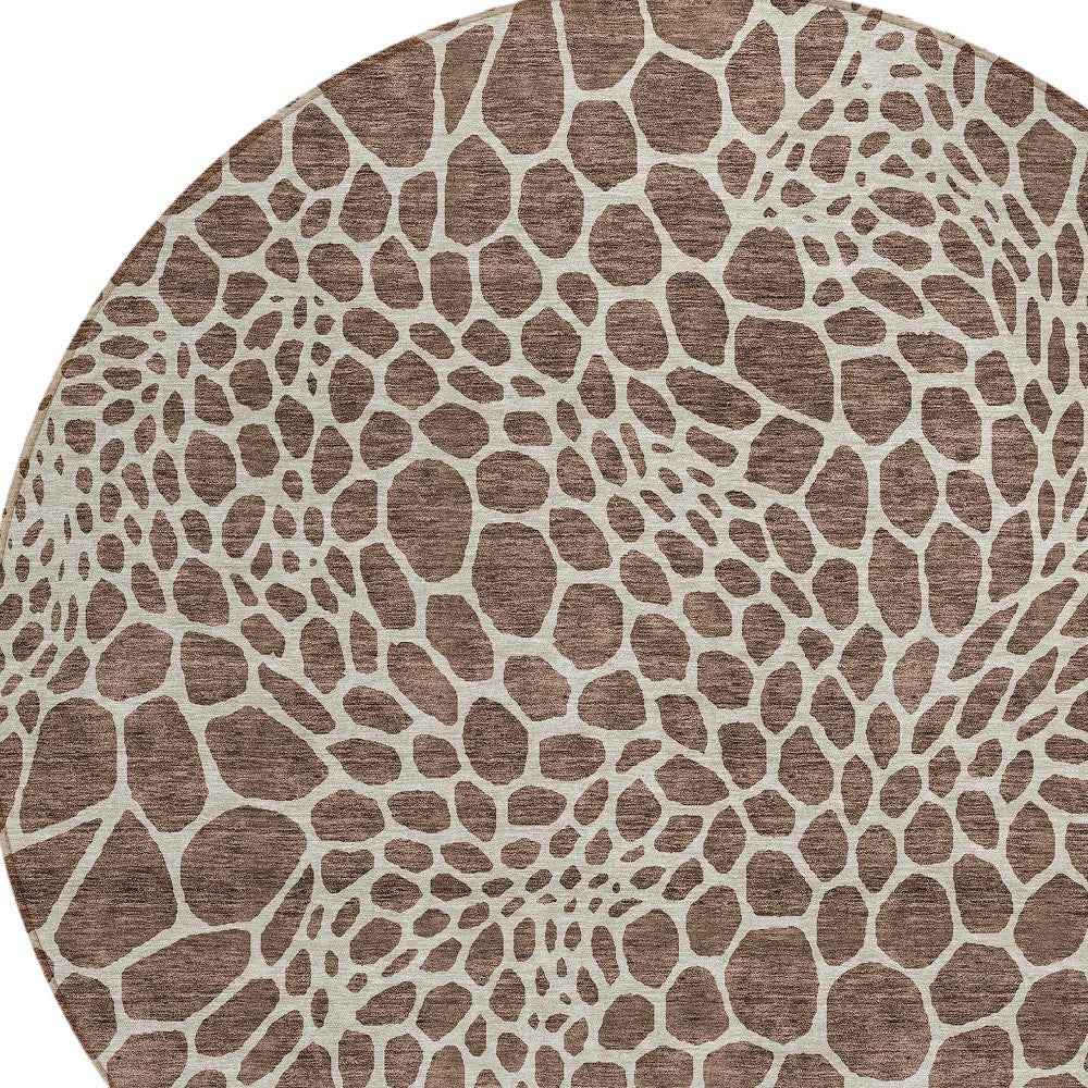 8' Brown And Beige Round Geometric Washable Indoor Outdoor Area Rug