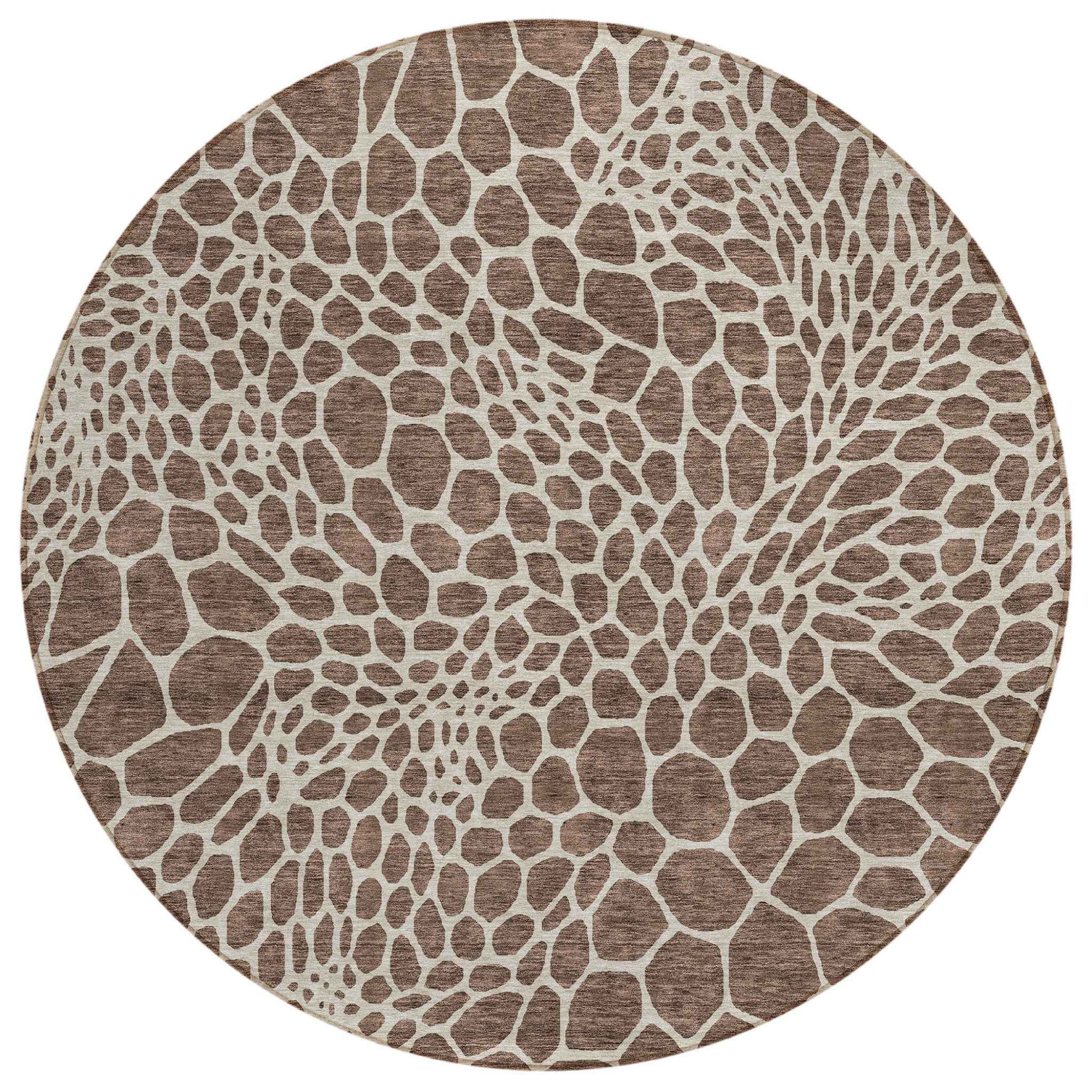8' Brown And Beige Round Geometric Washable Indoor Outdoor Area Rug