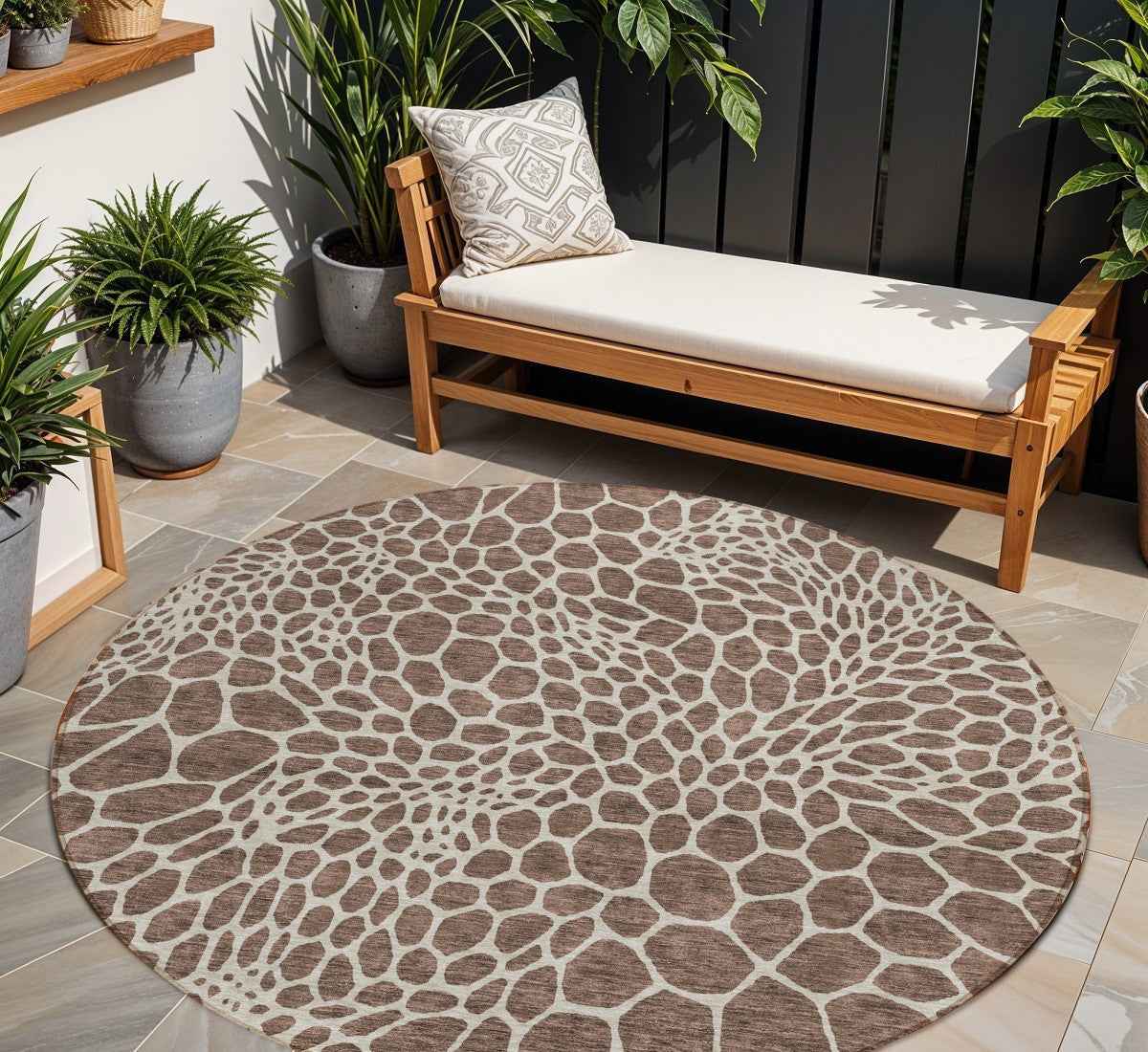 8' Brown And Beige Round Geometric Washable Indoor Outdoor Area Rug