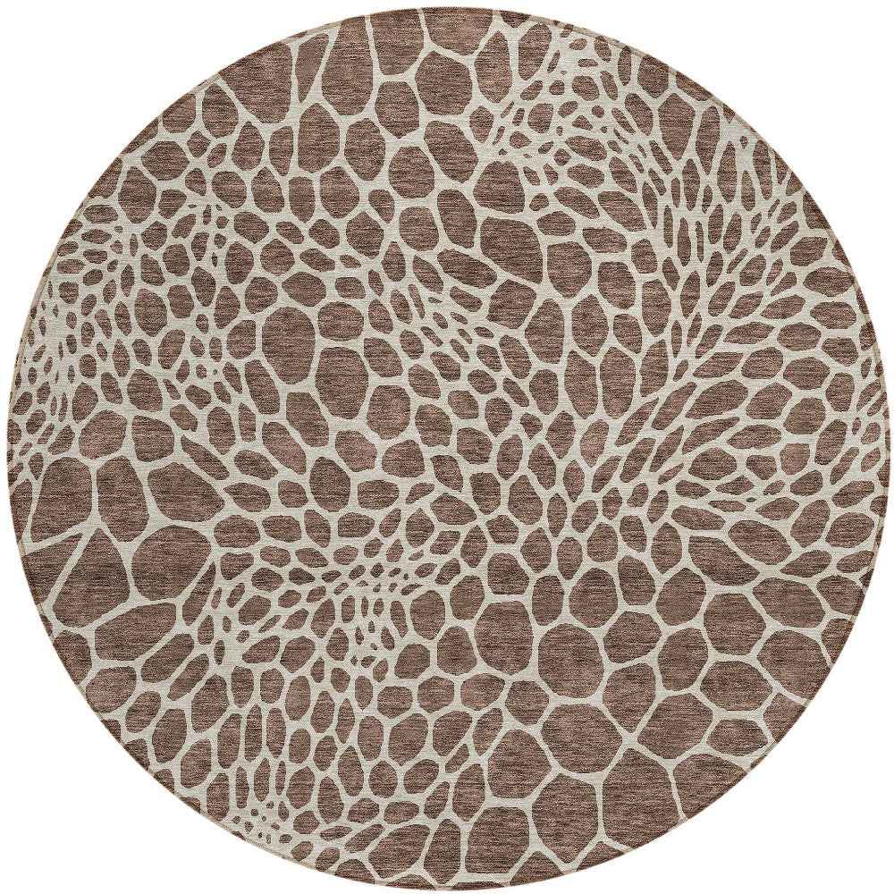 8' Brown And Beige Round Geometric Washable Indoor Outdoor Area Rug