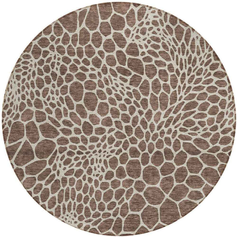 8' Brown And Beige Round Geometric Washable Indoor Outdoor Area Rug