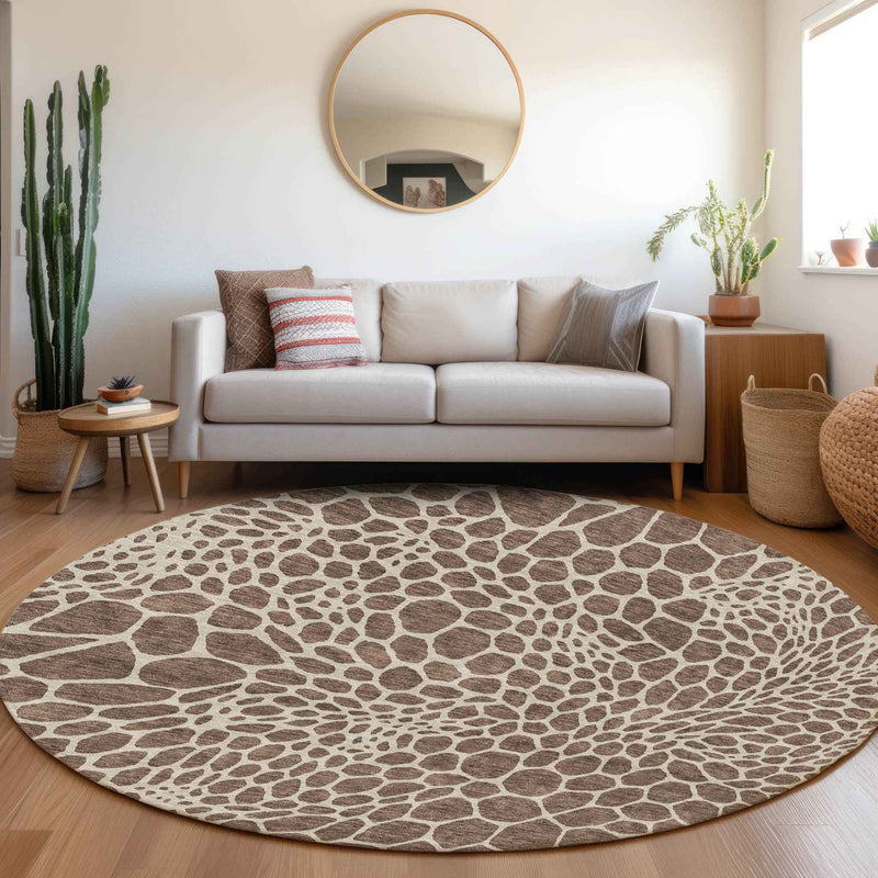 8' Brown And Beige Round Geometric Washable Indoor Outdoor Area Rug