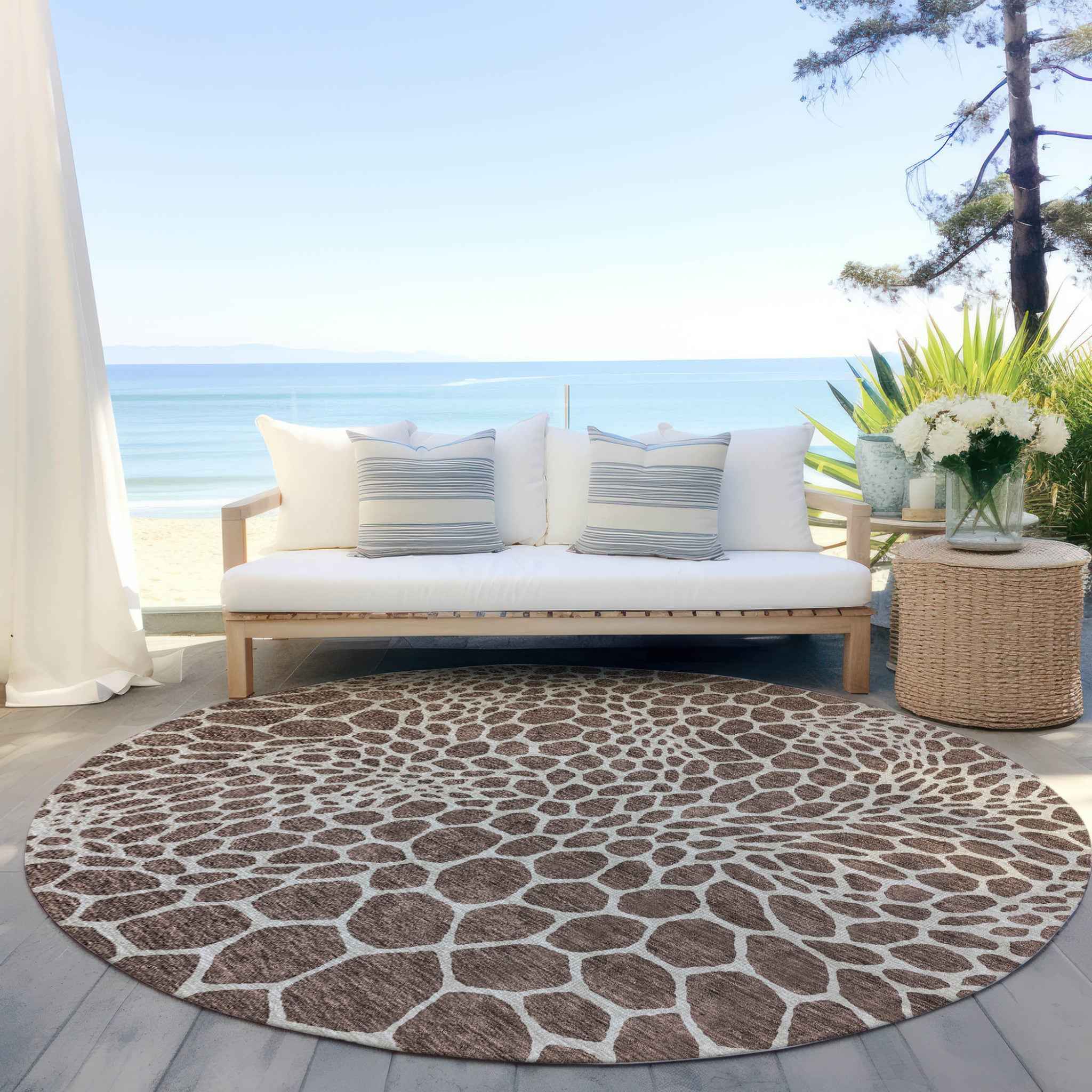 8' Brown And Beige Round Geometric Washable Indoor Outdoor Area Rug