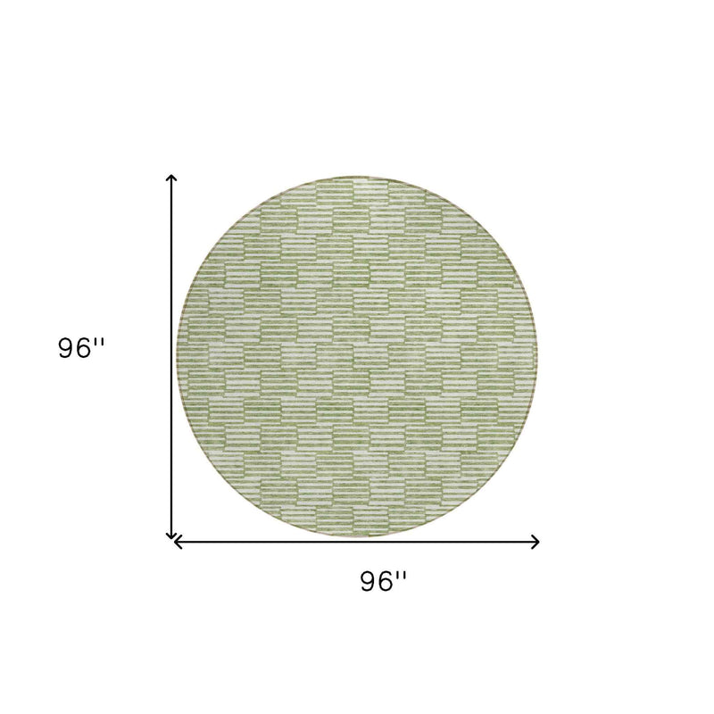 8' Green And Ivory Round Geometric Washable Indoor Outdoor Area Rug