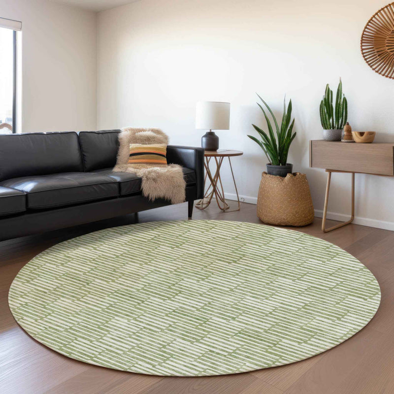 8' Green And Ivory Round Geometric Washable Indoor Outdoor Area Rug