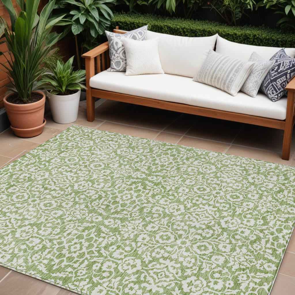 9' X 12' Green And Ivory Damask Washable Indoor Outdoor Area Rug