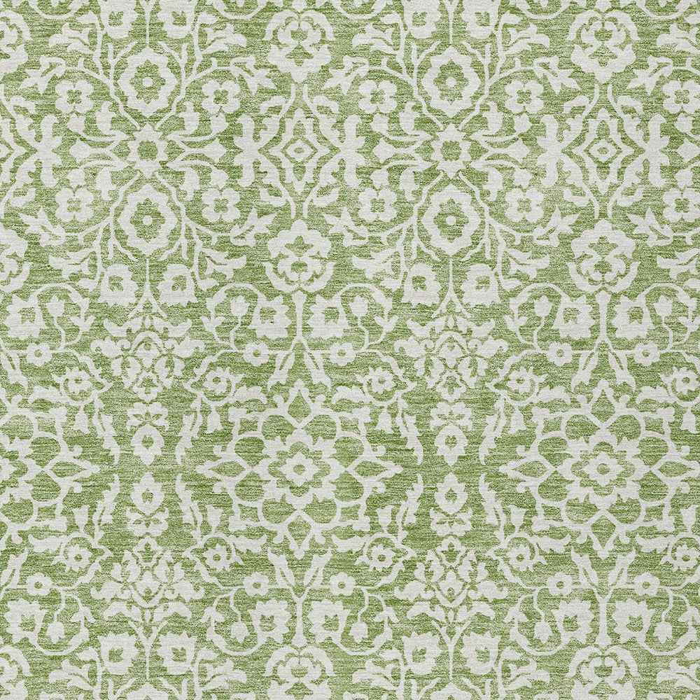 9' X 12' Green And Ivory Damask Washable Indoor Outdoor Area Rug