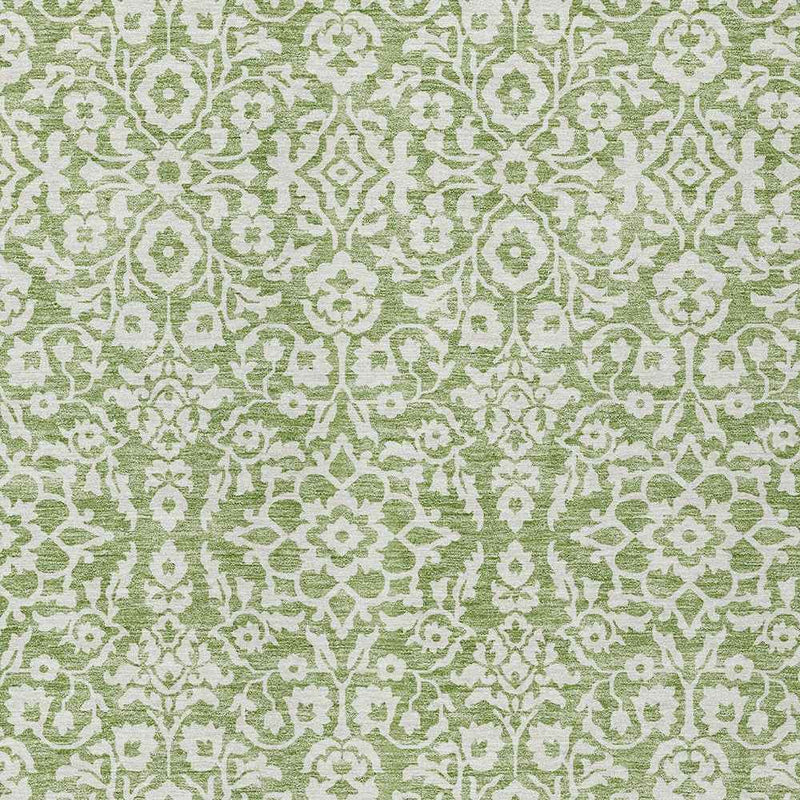9' X 12' Green And Ivory Damask Washable Indoor Outdoor Area Rug