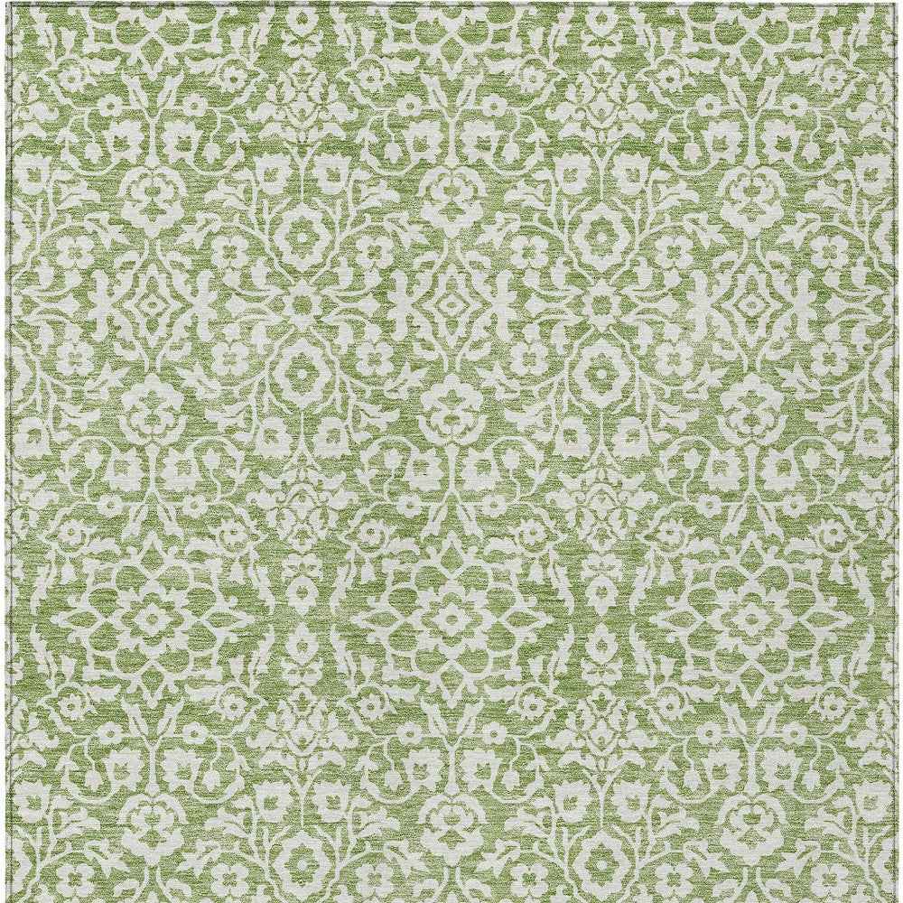 9' X 12' Green And Ivory Damask Washable Indoor Outdoor Area Rug