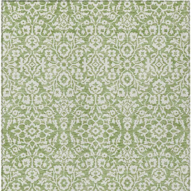 9' X 12' Green And Ivory Damask Washable Indoor Outdoor Area Rug