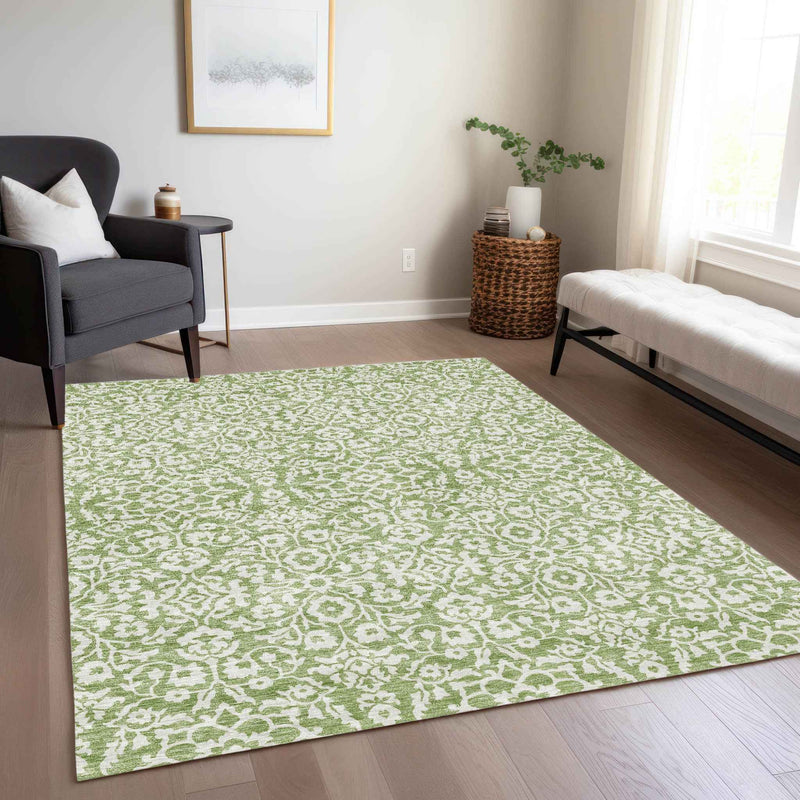 9' X 12' Green And Ivory Damask Washable Indoor Outdoor Area Rug